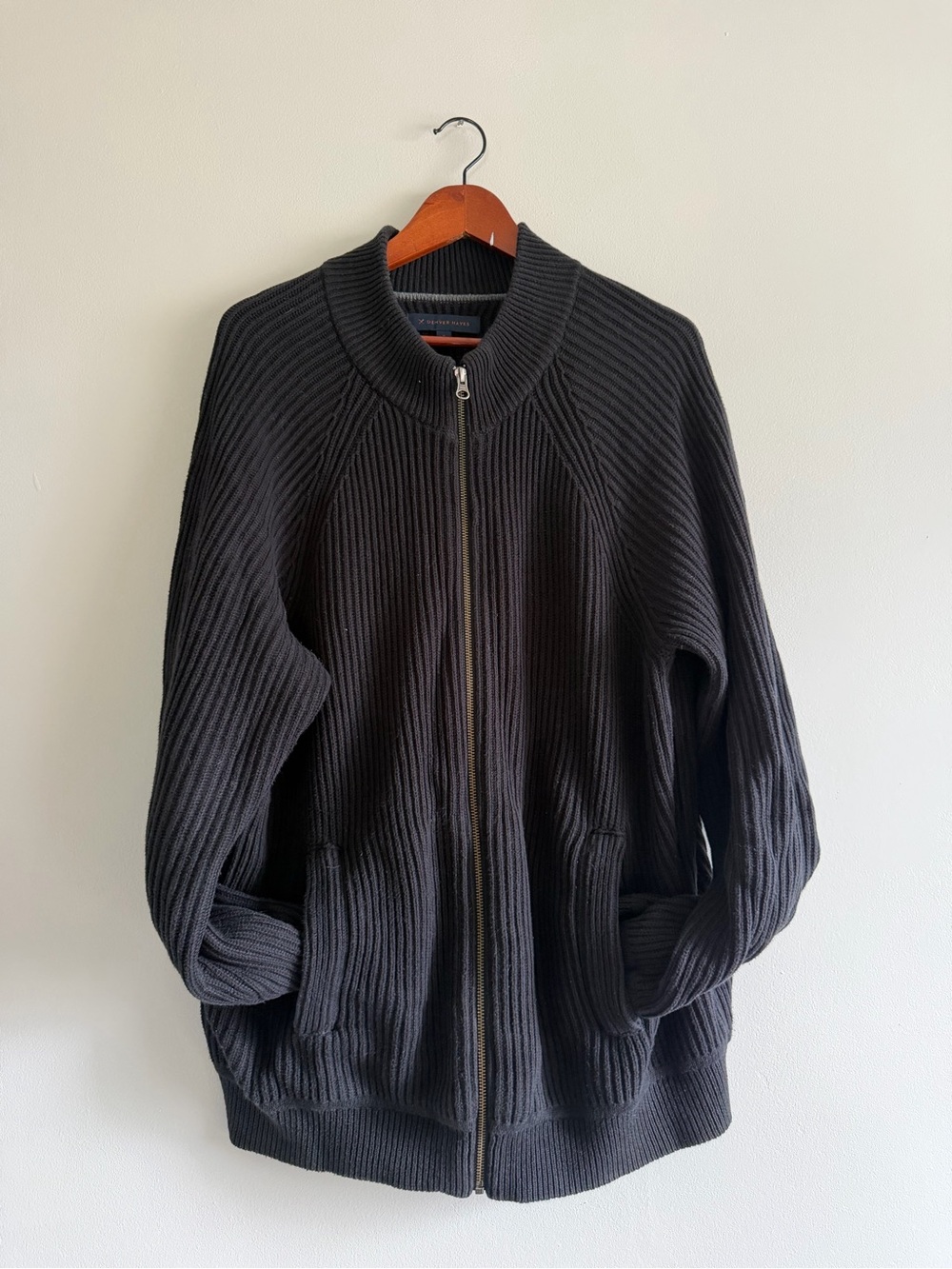 Denver Hayes Men’s Black Ribbed Cotton Full Zip Cardigan Jacket – Size Medium
